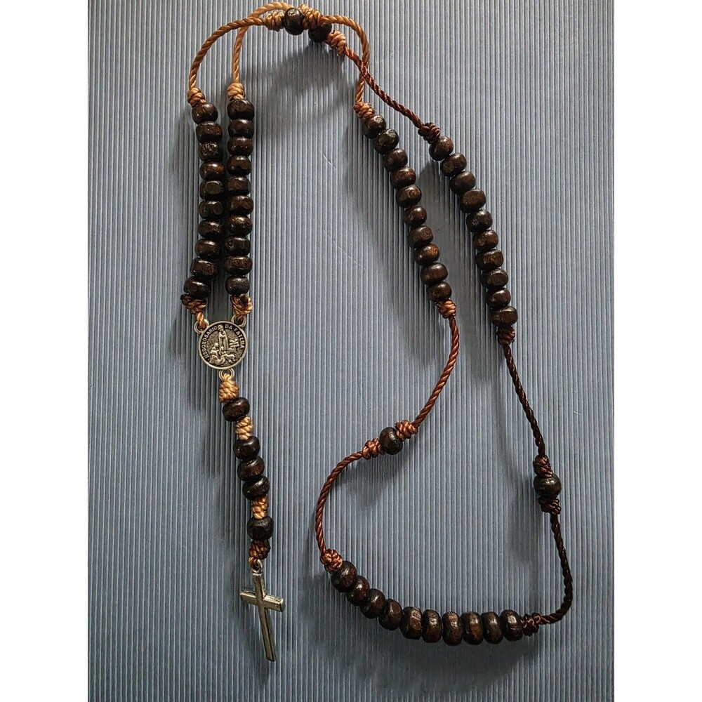 Our Lady of the Rosary of Fatima Silver Metal Cross Wood Beads Necklace Marian - Picture 1 of 8
